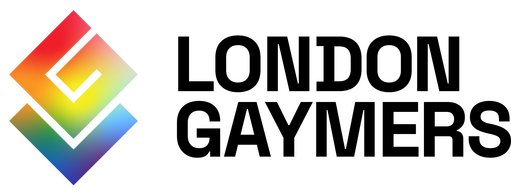 London Gaymers logo featuring a stylised LG logo with colours of the rainbow flag